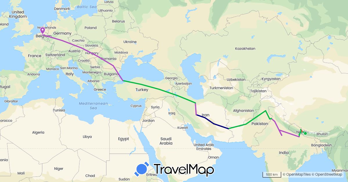 TravelMap itinerary: driving, bus, plane, train, hiking in Austria, Belgium, India, Iran, Nepal, Pakistan, Romania, Turkey (Asia, Europe)