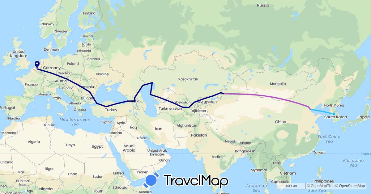 TravelMap itinerary: driving, train, boat in Austria, Belgium, China, Georgia, South Korea, Kazakhstan, Romania, Russia, Turkey, Uzbekistan (Asia, Europe)